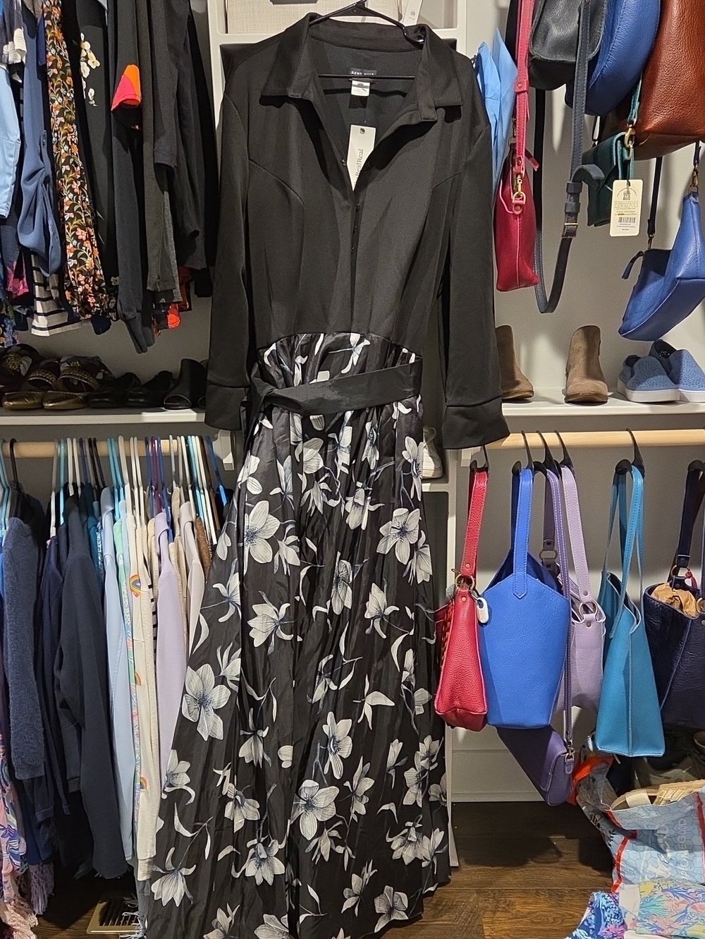 Rene Ruiz Collection Dress Sz 20 New Black Long Sleeves Floral Maxi